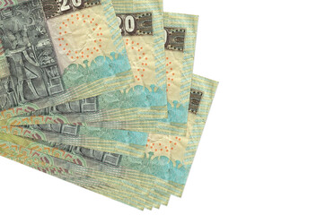 20 Egyptian pounds bills lies in small bunch or pack isolated on white. Mockup with copy space....