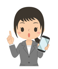 指差しポーズでスマホを持つ女性　イラスト