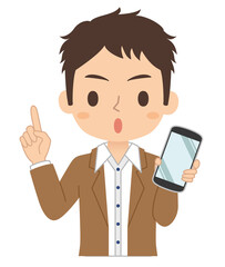 指差しポーズでスマホを持つ男性　イラスト