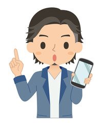 指差しポーズでスマホを持つ男性　イラスト