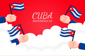greeting cuba independence day with hand holding flag in cartoon style