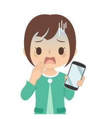 焦った青い顔でスマホを持つ女性　イラスト