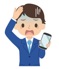 焦った青い顔でスマホを持つ男性　イラスト