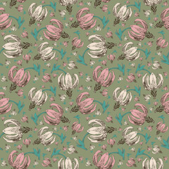 Seamless botanical floral pastel green pattern with lilies