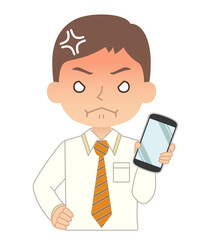 怒った赤い顔でスマホを持つ男性　イラスト