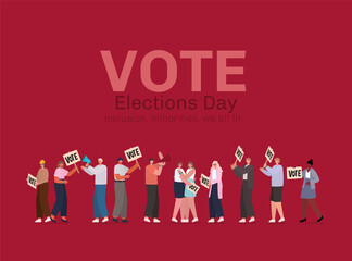Women and men cartoons with vote banners and megaphone vector design