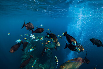 School of tropical fish in blue ocean. Underwater sea world with fish.