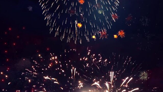 4K Beautiful Multi colored Fireworks in Night sky. New year's Fireworks Show Explosions Celebration. Bokeh Lights. Happy Birthday, Wedding, Anniversary, Confetti, Diwali, Christmas, Holiday, Event.