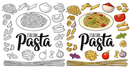 Different types macaroni and ITALIAN PASTA lettering. Vector engraving