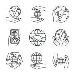 icons set, hands and globe 