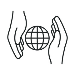 line icon globe, two hands left and right