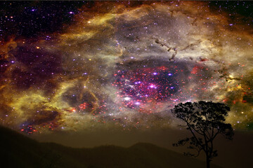 Nebula on the dark night sky in space over silhouette tree