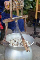 Spinning silk from silkworm cocoons