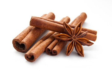 Stick cinnamon and star anise on the white background