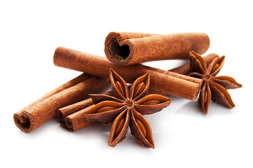 Stick cinnamon and star anise on the white background