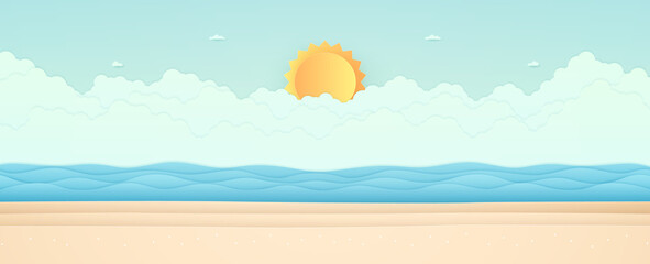 Summer Time, seascape, landscape, blue sea with beach, cloud and bright sun, paper art style