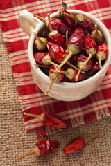 Small dry chili in a ceramic bowl, top view