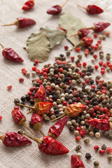 Dry spices, peppercorn and chili pepper on the coarse texture