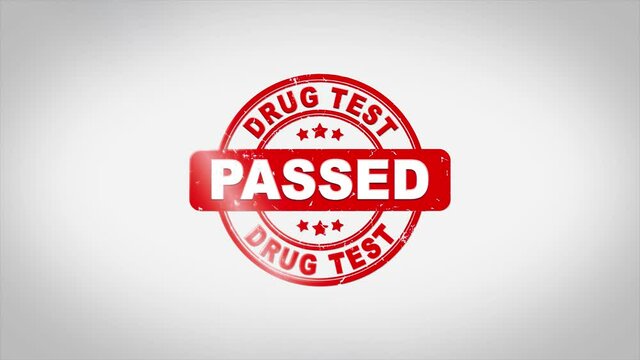 DRUG TEST Passed Signed Stamping Text Wooden Stamp Animation. Red Ink on Clean White Paper Surface Background with Green matte Background Included.