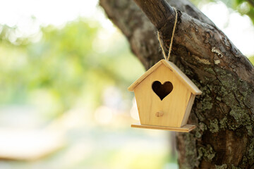 Wooden birdhouse hanging from tree in autumn garden. Concept for new home. A bird house or bird box in summer sunshine with natural green leaves background. Sweet home. Mini toy house. property