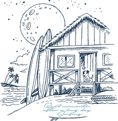 Vector illustration in cartoon style of beach house with surfboards and dog at the door.