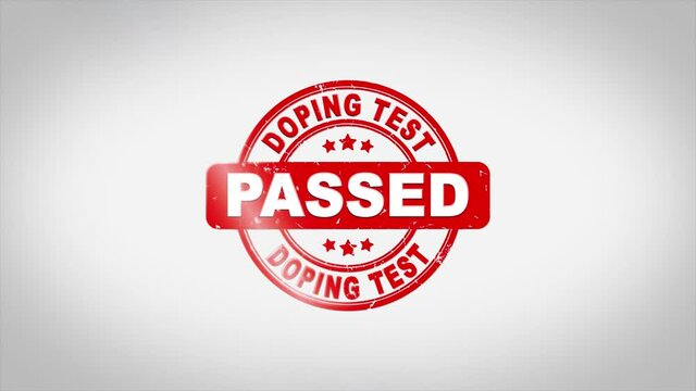 DOPING TEST Passed Signed Stamping Text Wooden Stamp Animation. Red Ink on Clean White Paper Surface Background with Green matte Background Included.