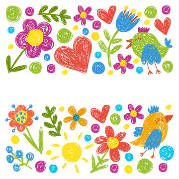 Children kindergarten pattern with flowers and birds. Kids floral vector llustration.