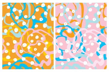 Abstract Colorful Geometric Seamless Vector Pattern. Yellow, Orange and Blue Irregular Brush Dabs Isolated on a Pink and Orange Background. Funny Doodle Print. Simple Infantile Style Design.