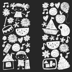 Kindgergarten vector pattern. Kids drawing style. Children play and grow, creativity and imagination. School student.