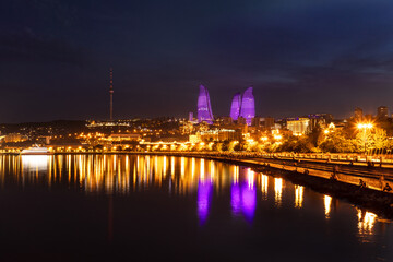 Baku city Caspian Sea Boulevard at night