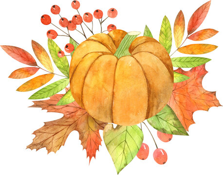 Watercolor fall pumpkins set with colorful leaves, berry, branches inspired by autumn harvest season. Happy Thanksgiving Pumpkin clipart. Bright vegetables perfect for card and invitation making
