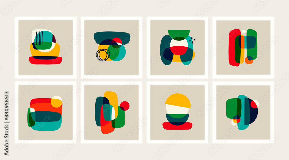 Wall mural set of eight abstract patterns. square cards. boho posters. hand drawn various shapes and doodle obj