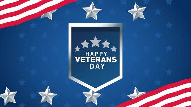happy veterans day lettering animation with shield and stars
