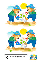 Obraz na płótnie Canvas Find 8 differences. Logic puzzle game for children and adults. Brain teaser book for kids. Illustration of two cute teddy bears working in the garden. Play online. Developing counting skills.