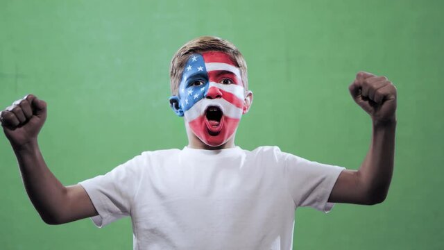 American fan celebrating victory on a green background