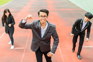 Business competition, Competitors colleagues, Business problem concept - Competition with Two Asian...