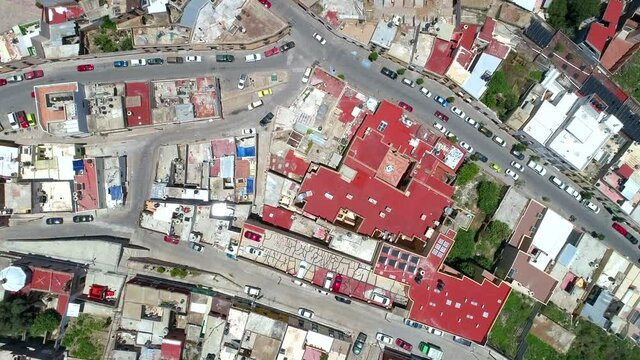 Magic town of Zacatecas Mexico, the historical downtown and the cable car, the mountain is "La Bufa" Historic place of old wars and mexican revolution.