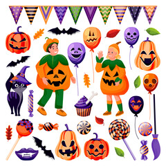 Halloween design elements. Balloons with grinning face candy black cat bat kids in pumpkin costume. Vector illustration