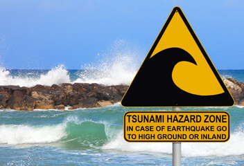 Tsunami warning and evacuation sign located on a beach. The sea and blue sky as background 