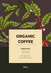 Vector illustration concept of advertising coffee with branches and berries of coffee tree in cartoon style. Vertical banner or packaging design for coffee beans or ground