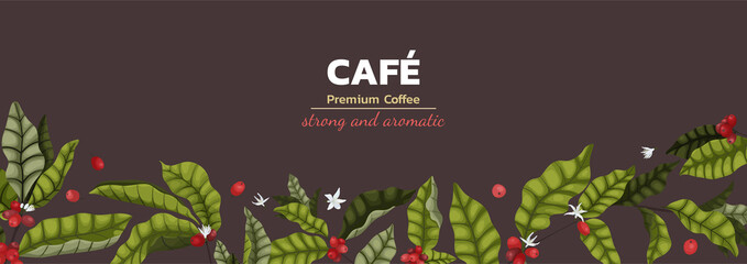 Vector illustration concept of advertising coffee with branches and berries of coffee tree in cartoon style. Horizontal banner or brochure spread on brown background about premium coffee.