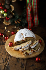 Traditional festive German stollen with dried fruits