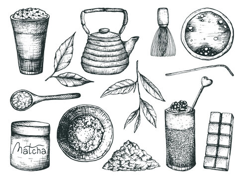 Vector illustration isolate on a white background set for matcha tea in a freehand drawing style. Mugs with tea, leaves and powder, teapot and glasses with a drink outline