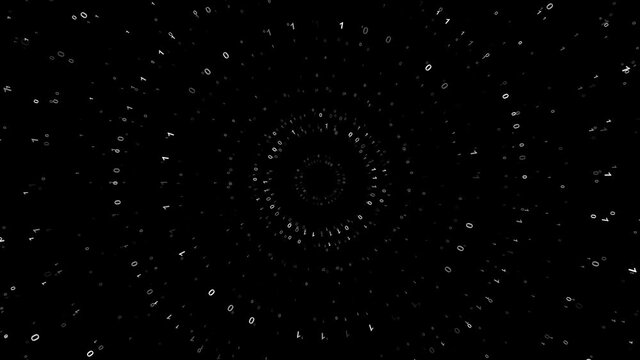Circle rotation of binary numbers on black background.