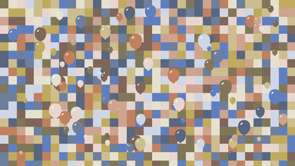 Balloons in front of geometric squares with blue and brown colors. Checkered background with large squares and shapes.
