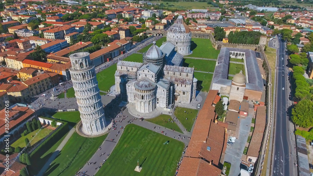 Wall mural aerial view of field of miracles in pisa, tuscany. drone viewpoint of famous piazza dei miracoli