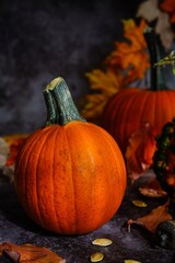 Autumn Fall background with pumpkins, selective focus