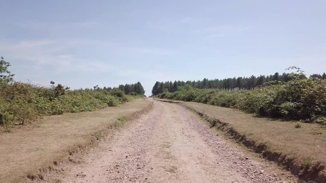 Gliding along the dirt road in Woodbury England. Dirt path in east Devon, England.