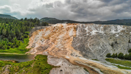 Mammoth Hot Springs, Yellowstone National Park. Aerial view from drone viewpoint
