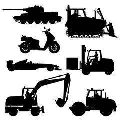 Set of different transport silhouettes. Set of black construction, special machines and other vehicles in a flat style. Special equipment. Vector illustration.  © Vladimir Zadvinskii